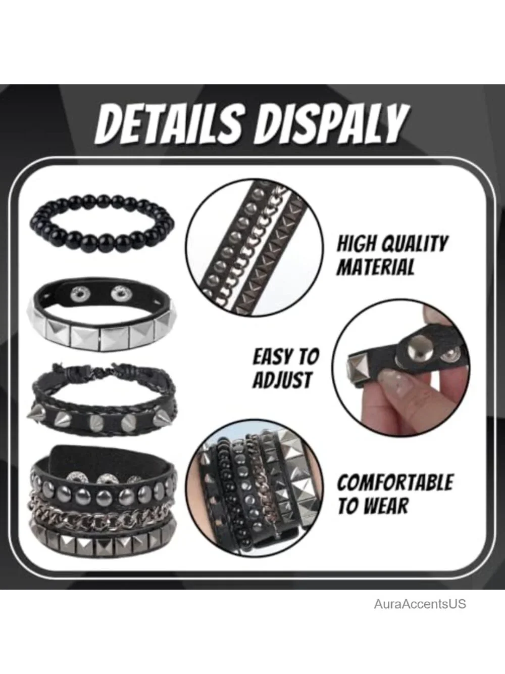 4pc Punk Studded Leather Bracelets Set Gothic Hematite Cuff
